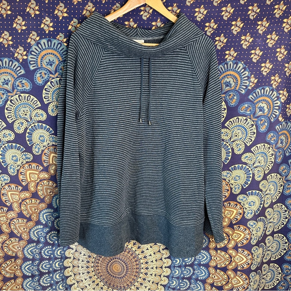 Cowl neck teal striped sweater